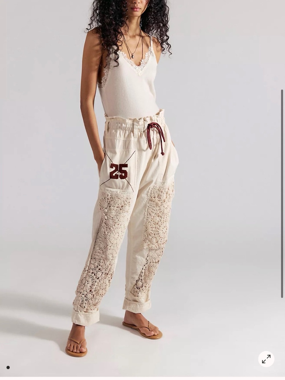 Free People Cream Crochet Patch Track Pants with Maroon '25' Accent